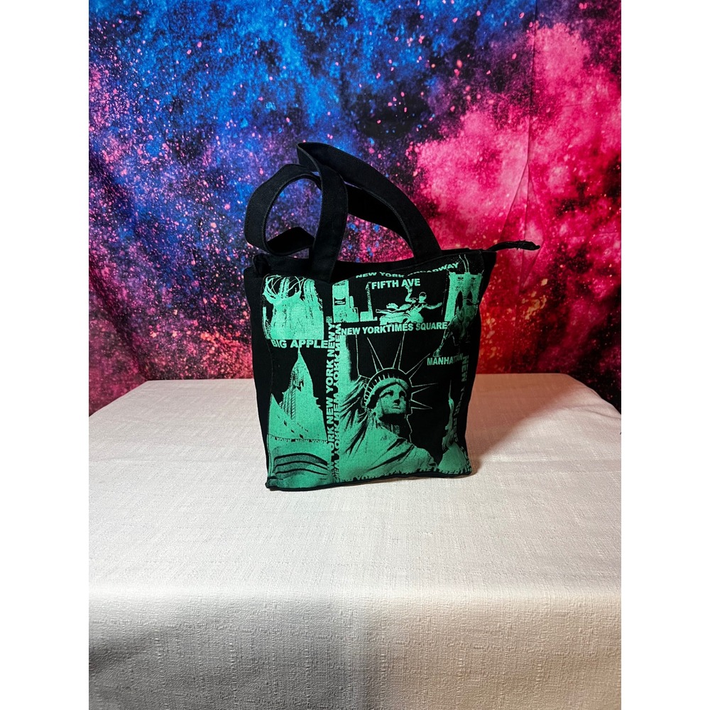 New York City Souvenir Tote Bag Black Green Statue of Liberty Canvas Zip Top